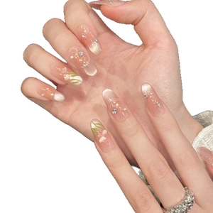 Pink cat eye press-on nails with tulip hand-painted design and pearl accents