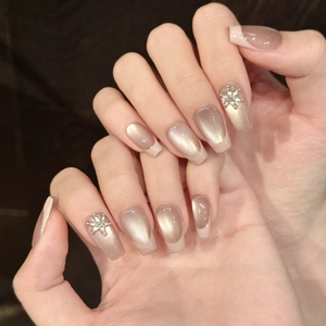 Handmade Pink French Cat Eye Press On Nails With Aurora Powder Rhinestone Flower Ballerina Coffin False Nails For Women