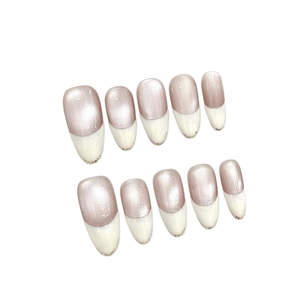 Handmade golden cat eye press-on nails with almond shape and French pearl finish