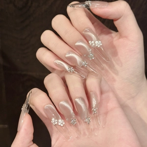 Handmade Long Stiletto Press On Nails Champagne Cat Eye Magnetic 3D Flower Rhinestone Star Decorative Artificial Nails
