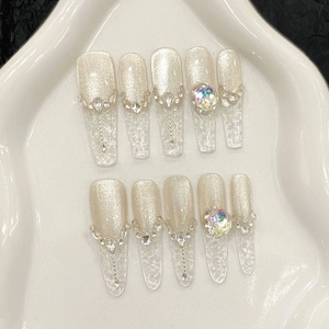 Handmade Cat Eye Press On Nails Long Ballerina Stiletto Silver Gray Ice Transparent Rhinestone Luxury Artificial Nails For Women Decor