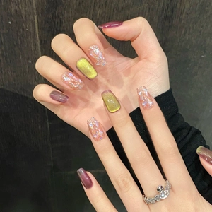 Handmade grape purple chameleon cat eye press-on nails with luxury crown ring