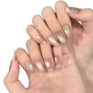 Pink cat eye press-on nails with luxury rhinestones and champagne gradient design