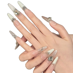 French tip press-on nails with silver glitter gradient and 3D square rhinestones