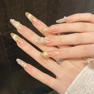 Handmade Cat Eye Mermaid Tail Press On Nails With Artificial Pearl Star Decor Glitter Gradient Almond Long Oval Fake Nails For Women