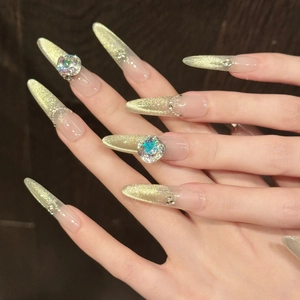 Handmade Champagne Gold Cat Eye Stiletto Press On Nails Gradient Rhinestone Luxurious False Nails For Women Daily Decor