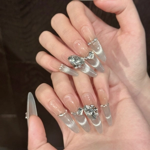 Handgefertigt Nägel Zum Aufdrücken Silbergraues Katzenauge Luxuriös Strass Künstliche Perle Coffin Stiletto Künstliche Nägel Damen Party