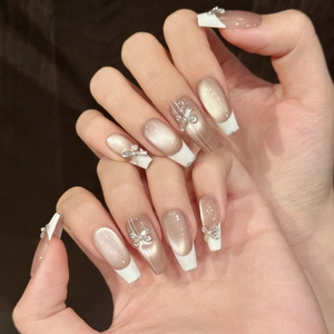 Handmade Cat Eye French Press On Nails With 3D Bow Rhinestone Artificial Pearl Champagne Coffin Oval Fake Nails For Women Jewelry