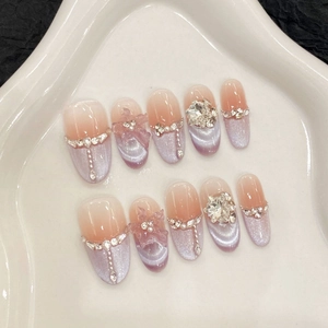 Handmade Purple Cat Eye Press On Nails Elegant French Design With 3D Flowers And Rhinestone Gradient Fake Nails For Women Manicure