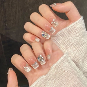 Handgemachte Katzenauge Künstliche Nägel Mit Strass Farbverlauf Nude Rosa Französischer Stil Falsche Nägel Set Für Damen Schmuck