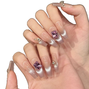 Handmade press-on nails with purple cat eye gradient and large square crystal stones