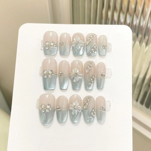 Handmade 3D Embossed Flower Cat Eye Press On Nails Gradient Chic Fake Nails With Rhinestones Artificial Pearls For Women Daily Party