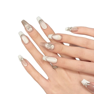 French tip cat eye press-on nails with silver 3D bow and crystal accents for women