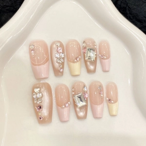 Handmade French Cat Eye Press On Nails With Rhinestone Heart Artificial Pearl Decor Nude Pink Cream White Coffin Fake Nails For Women