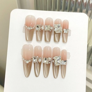 Handmade Cat Eye Press On Nails Luxury Sparkling K9 Crystal Rhinestone Long Coffin Stiletto Artificial Nails For Women Party