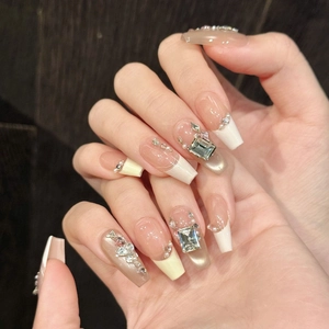 Handmade French cat-eye press-on nails with luxury pink rhinestones and pearls