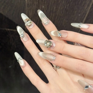 Handmade Luxury Champagne Gold Cat Eye Press On Nails With Sparkling Rhinestones And Faux Artificial Pearls Long Almond Fake Nails
