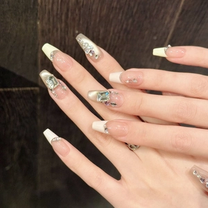 Handmade French coffin press-on nails with pink cat-eye base and luxury crystal charms