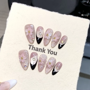Handmade 3D Sculpted Pink Flower Press On Nails Almond Cat Eye French Black Edge Rhinestone Sweet Elegant Fake Nails For Women