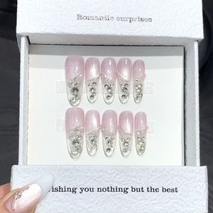 Handgefertigte Nacktrosa Katzenauge Künstliche Nägel Farbverlauf Strass Perle Blumen Luxus Elegant Almond Fake Nails Damen Deko