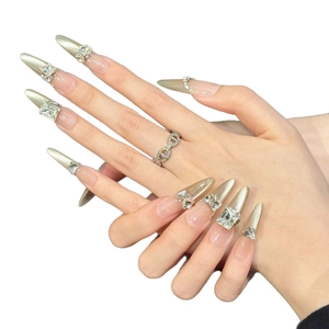 Sparkling champagne gold glitter stiletto press-on nails with large square crystals