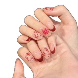 Hand-painted red rose watercolor French style press-on nails with silver glitter