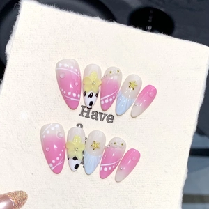 Handmade 3D Flower Press On Nails Long Almond Stiletto Pink Gradient Star Artificial Pearl Design Sweet Vacation Style For Women