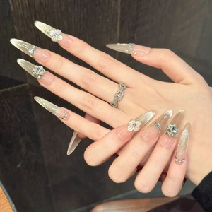 Handgemaakte stiletto plaknagels met roze cat-eye effect en 3D-bloemversieringen