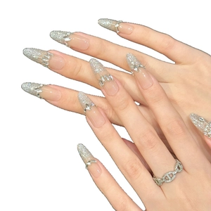 Exquisite sparkling silver glitter ombre press-on nails with long almond shape crystals