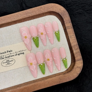 Faux Ongles Faits À La Main Sculpture Florale 3D Strass Rose Vert Dégradé Amande Ongles Longs Pour Femme Bijoux