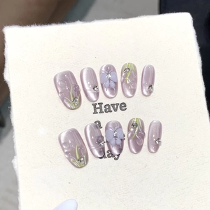 Handmade Cat Eye Lavender Purple Press On Nails 3D Floral Butterfly Rhinestone Ballerina Fake Nails For Women Party Decor