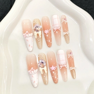 Unghie Finte Fatte a Mano Lunghe Mandorla Sfumate Rosa Con Fiocco Strass Perla Artificial Motivo Scacchiera Dolci Per Donna