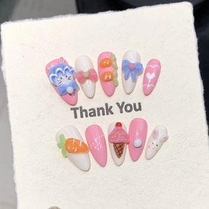Faux Ongles Faits à la Main Relief 3D Doux Lapin Nœud Papillon Glace Longue Amande Couverture Totale Lot 10 Pièces Femme