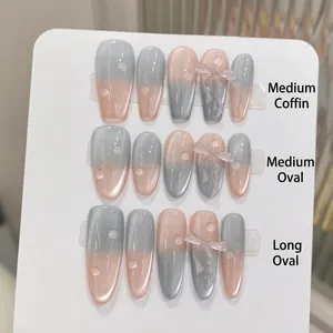 Handmade Cat Eye Press On Nails With 3D Relief Bows And Faux Artificial Pearls Gradient Fresh Mint Fake Nails For Women Daily Dating