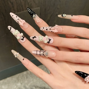Pink and black bear press-on nails with 3D resin charms, rhinestones and heart patterns
