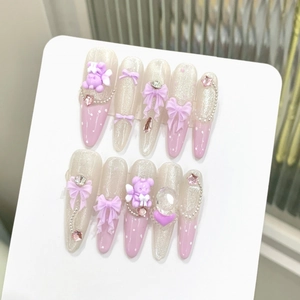 Handmade Press On Nails With 3D Purple Bear Bow Artificial Pearl Heart Rhinestone Long Stiletto Gradient Fake Nails For Women Party