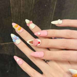 Handmade 3D almond press-on nails with cute rabbit, ice cream, and bow decoration