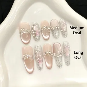 Handmade Cat Eye Pink Press On Nails With 3D Flower Artificial Pearl Rhinestone Decor Glossy Luxury Almond Oval Fake Nails For Women