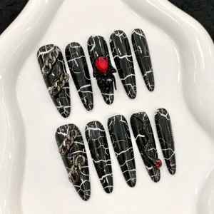 Handmade Gothic Press On Nails Black White Marble Crack Stiletto False Nails With 3D Spider Snake Rhinestone For Women