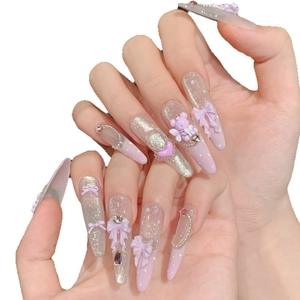 Purple lace ballet press-on nails with 3D bear, bow, pearls and glitter finish
