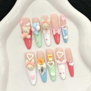 Handmade Kawaii 3D Resin Bear Bunny Press On Nails Macaron Sweet Pink Blue Long Almond Fake Nails With Artificial Pearls For Women