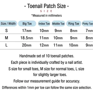 Size chart for handmade blue and yellow dot cat-eye toe nail press-ons from S to L