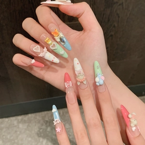 3D cute bear and rabbit handmade press-on nails in colorful macaron colors and almond shape