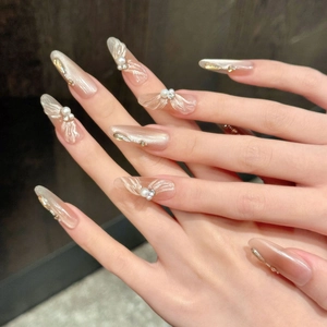 Handmade Ballerina Press On Nails Pink Champagne Cat Eye 3D Relief Artificial Pearl Rhinestone Long Almond False Nails For Women
