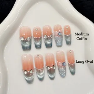 Faux Ongles Faits à la Main Bleu Sel de Mer Œil de Chat Design Plaid Français Avec Décor Strass Künstliche Perle Élégants pour Femmes