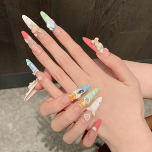 3D cartoon bear and ribbon press-on nails in colorful dopamine style almond shape