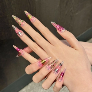 Y2K tropical floral stiletto press-on nails with 3D metal bows and pink laser finish