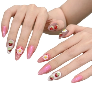 Handmade almond press-on nails with 3d strawberry and floral pearl pink design