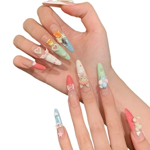 3D balloon bear and rabbit press-on nails with macaron pink and blue gradients