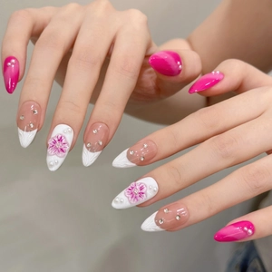 French rose and white press-on nails with 3D floral relief and pearl rhinestones